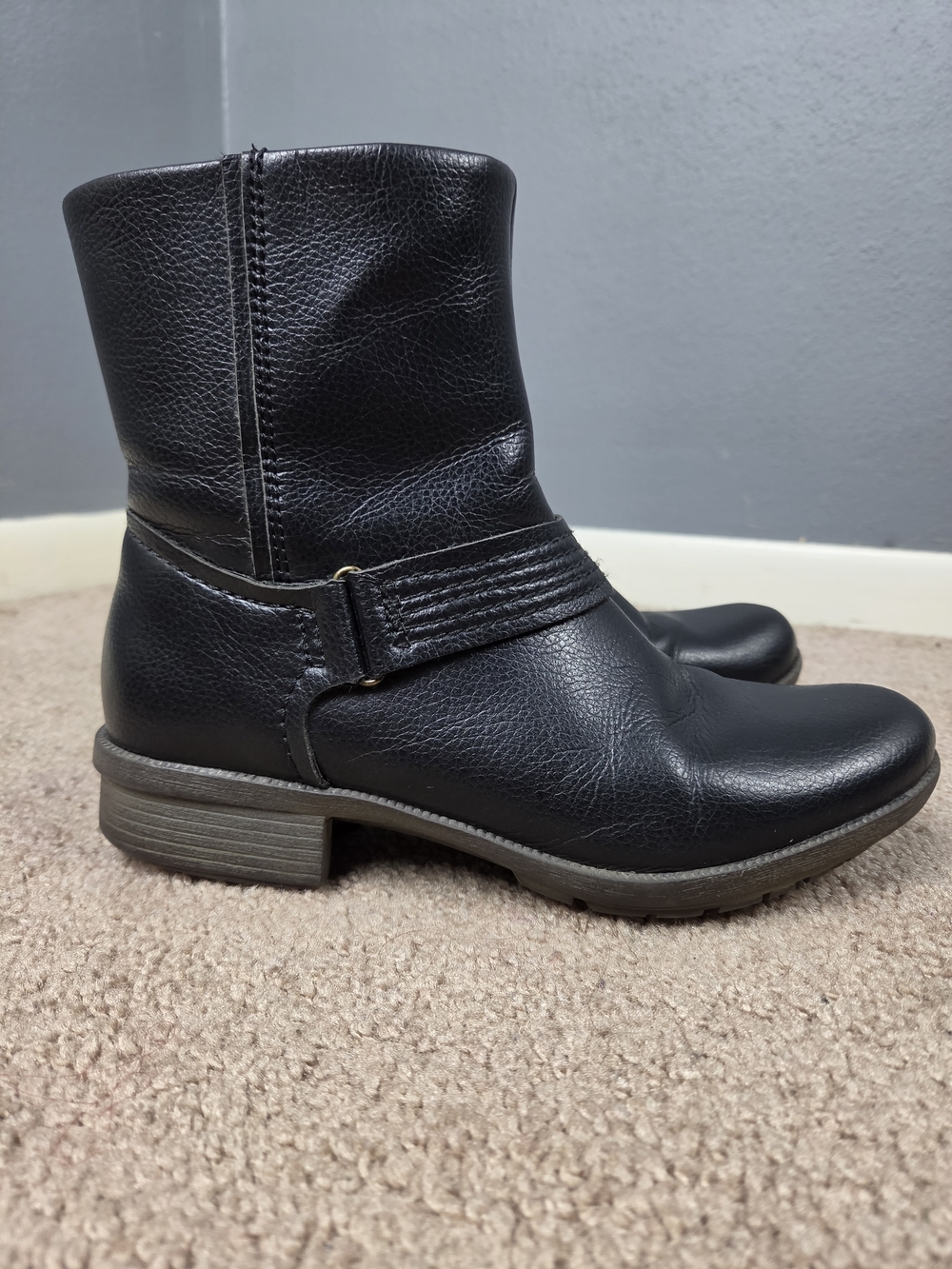 Clarks Black Leather Ankle Booties with Decorative Strap